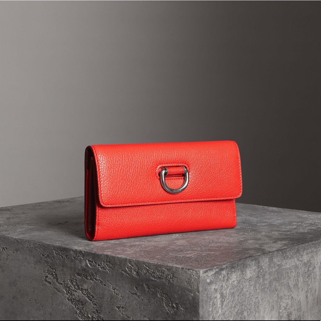 Burberry Red Leather Wallet With Silver Tone D-Ring